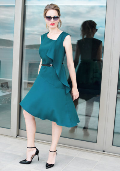 ASYMMETRIC FRILLED TURQUOISE DRESS